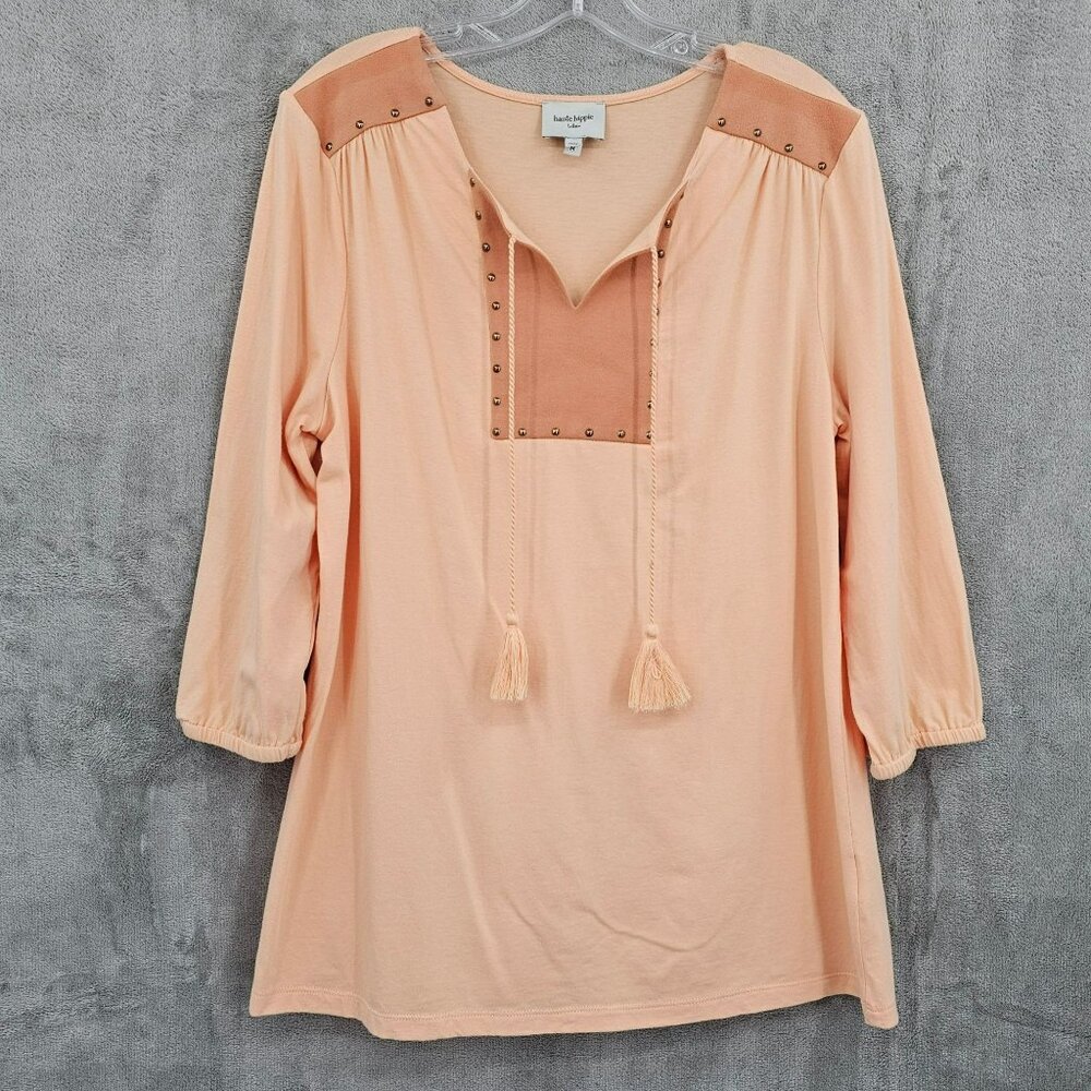Haute Hippie Tribe Tunic Top M Peach Studded Suede Yoke Boho Tassels 3/4 Sleeves